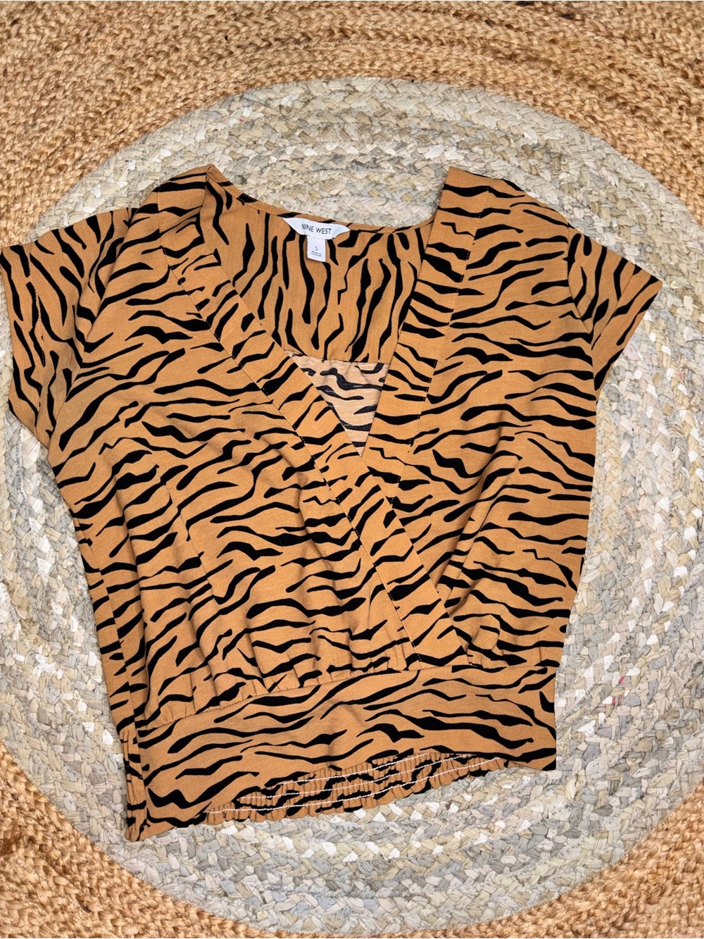 Nine West Black and Tan Tiger-Stripe Wrap Crop Top